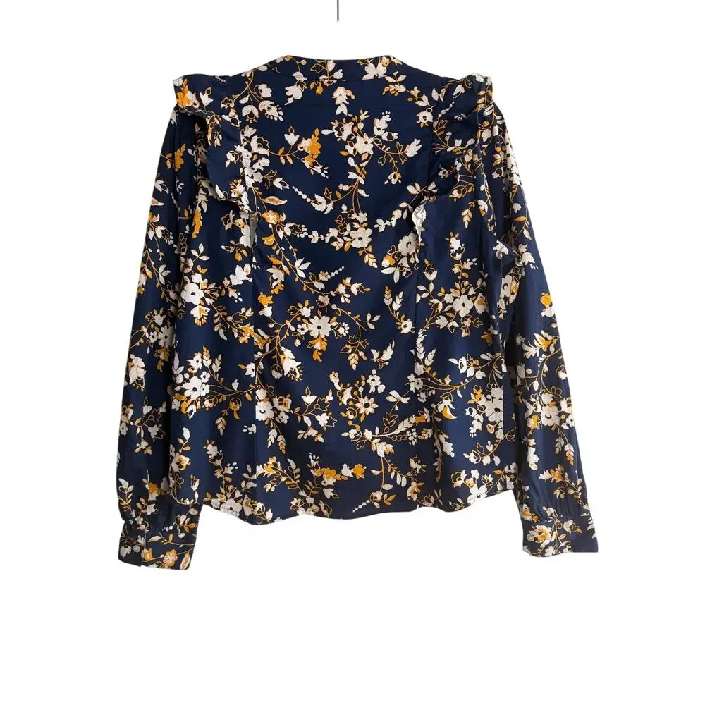 J.Crew Floral Ruffle Blouse Medium Navy Blue Cotton Button Front Classic Top